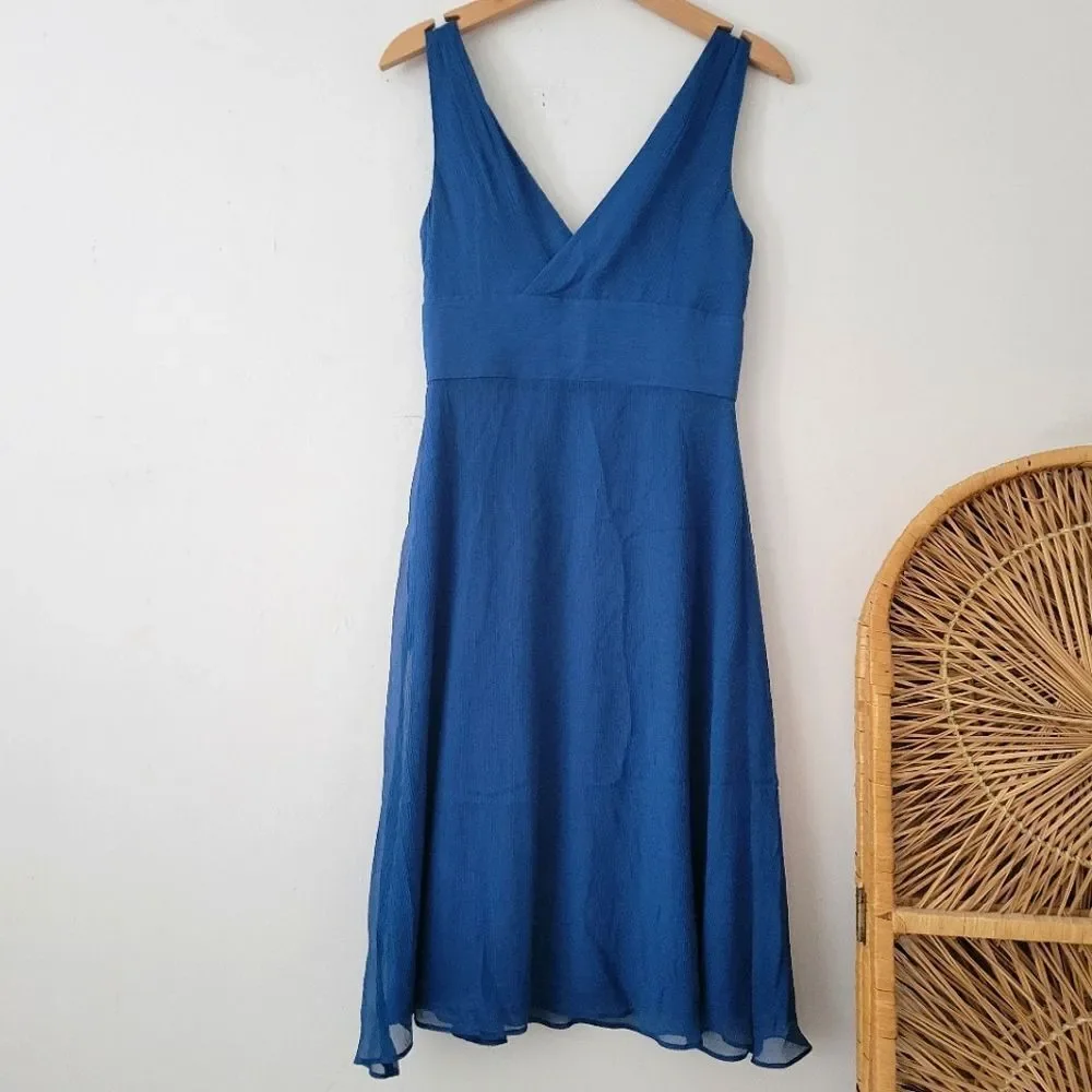 J. Crew 100% Crepe Silk Dress Blue 4 Sleeveless Fit Flare V-Neck